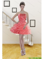 Ruffled Watermelon Red Strapless 2015 Christmas Party Dresses with Beading