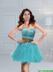 Unique Beaded Leopard Printed 2015 Cheap Dama Dresses in Aqua Blue