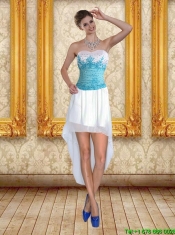 White Sweetheart High Low 2015 Sexy Prom Dresses with Blue Embroidery White Sweetheart High Low 2015 Sexy Prom Dresses with Blue Embroidery