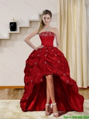 2015 Cheap Strapless Red Prom Dresses with Embroidery and Pick Ups