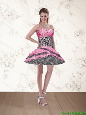 2015 Pink Beaded Zebra Printed Strapless Short Junior Dresses with Ruffles and Pick Ups