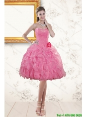2015 Rose Pink Sweetheart Junior Dresses with Beading and Ruffles