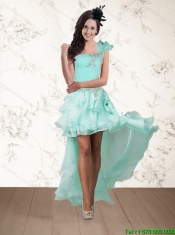 2015 Sexy Apple Green One Shoulder Prom Dresses with Embroidery and Hand Made Flower