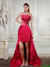 High Low Strapless Ruffled Coral Red Junior Dresses with Hand Made Flower