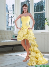 Light Yellow Sweetheart High Low Junior Prom Dress with Beading and Ruffled Layers