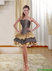 Popular and Cheap Gold Strapless Leopard 2015 Prom Dresses with Ruffled Layers and Beading