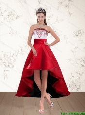 Cheap White And Wine Red High Low Strapless Prom Dresses with Embroidery