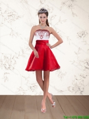 Cheap White And Wine Red High Low Strapless Prom Dresses with Embroidery