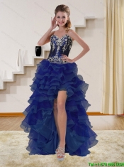 Sexy High Low Navy Blue Sweetheart Prom Dresses with Beading and Embroidery
