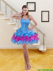 Sexy Spaghetti Straps Ruffled Layers and Beaded Prom Dress in Blue