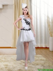 White Sexy High Low One Shoulder Prom Dresses with Black Embroidery White Sexy High Low One Shoulder Prom Dresses with Black Embroidery