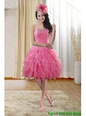 2015 Beautiful Rose Pink Strapless Dresses for Quince with Ruffles and Beading