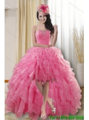 2015 Beautiful Rose Pink Strapless Dresses for Quince with Ruffles and Beading