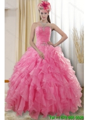2015 Beautiful Rose Pink Strapless Dresses for Quince with Ruffles and Beading