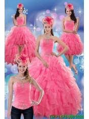 2015 Beautiful Rose Pink Strapless Dresses for Quince with Ruffles and Beading