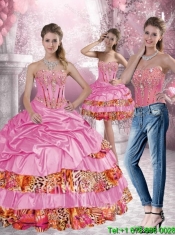 2015 Best Leopard Printed Sweetheart Quinceanera Dresses with Beading and Pick Ups