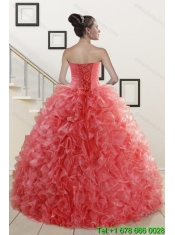 2015 Best Watermelon Red Quince Dresses with Beading and Ruffles