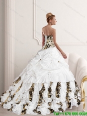 2015 Best White Strapless Leopard Printed Quinceanera Dresses with Pick Ups