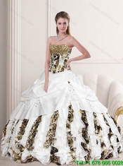 2015 Best White Strapless Leopard Printed Quinceanera Dresses with Pick Ups