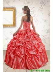 2015 Classical Strapless Coral Red Quinceanera Dresses with Pick Ups and Beading