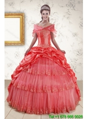 2015 Classical Strapless Coral Red Quinceanera Dresses with Pick Ups and Beading