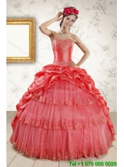 2015 Classical Strapless Coral Red Quinceanera Dresses with Pick Ups and Beading