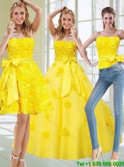 2015 Detachable and Best Yellow Quince Dresses with Rolling Flowers and Bowknot