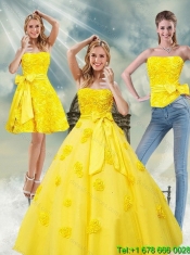 2015 Detachable and Best Yellow Quince Dresses with Rolling Flowers and Bowknot