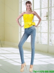 2015 Detachable and Best Yellow Quince Dresses with Rolling Flowers and Bowknot