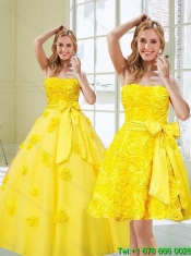 2015 Detachable and Best Yellow Quince Dresses with Rolling Flowers and Bowknot