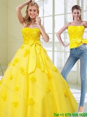 2015 Detachable and Best Yellow Quince Dresses with Rolling Flowers and Bowknot