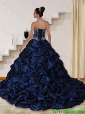 2015 Detachable Embroidery and Beaded Strapless Quinceanera Dress in Navy Blue