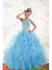 2015 Elegant Baby Blue Quince Dresses with Appliques and Ruffles