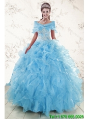 2015 Elegant Baby Blue Quince Dresses with Appliques and Ruffles