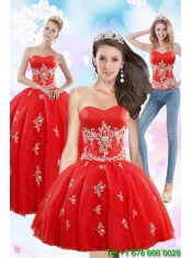 2015 Exquisite Strapless Red Quince Dresses With Appliques