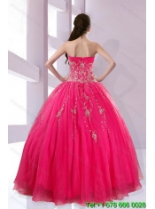 2015 Fshionable Strapless Hot Pink Quince Dresses with Appliques