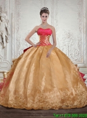 2015 Gold Strapless Quince Dress with Beading and Embroidery