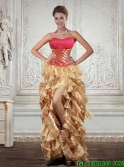 2015 Gold Strapless Quince Dress with Beading and Embroidery