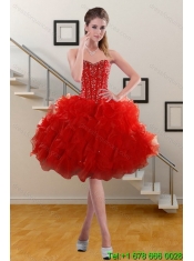 2015 Perfect Red Sweetheart Quince Dresses with Beading and Ruffles