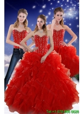 2015 Perfect Red Sweetheart Quince Dresses with Beading and Ruffles