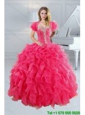 2015 Pretty Hot Pink Sweetheart Sweet 15 Dresses with Beading and Ruffles