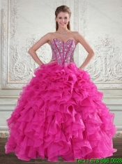 2015 Sweetheart Hot Pink Best Sweet 16 Dresses with Beading and Ruffles