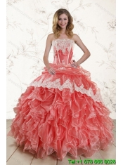 2015 Watermelon Strapless Quince Dresses with Appliques and Ruffles