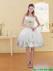 Best 2015 Strapless Embroidery White and Gold Quinceanera Dresses