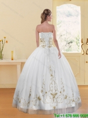 Best 2015 Strapless Embroidery White and Gold Quinceanera Dresses