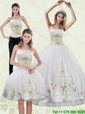 Best 2015 Strapless Embroidery White and Gold Quinceanera Dresses