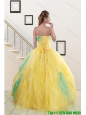 Best 2015 Strapless Yellow and Green Sweet 15 Dresses with Ruching
