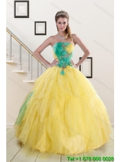 Best 2015 Strapless Yellow and Green Sweet 15 Dresses with Ruching