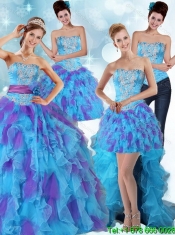 Best Multi Color Strapless Quinceanera Dress with Ruffles and Sash