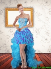 Best Multi Color Strapless Quinceanera Dress with Ruffles and Sash